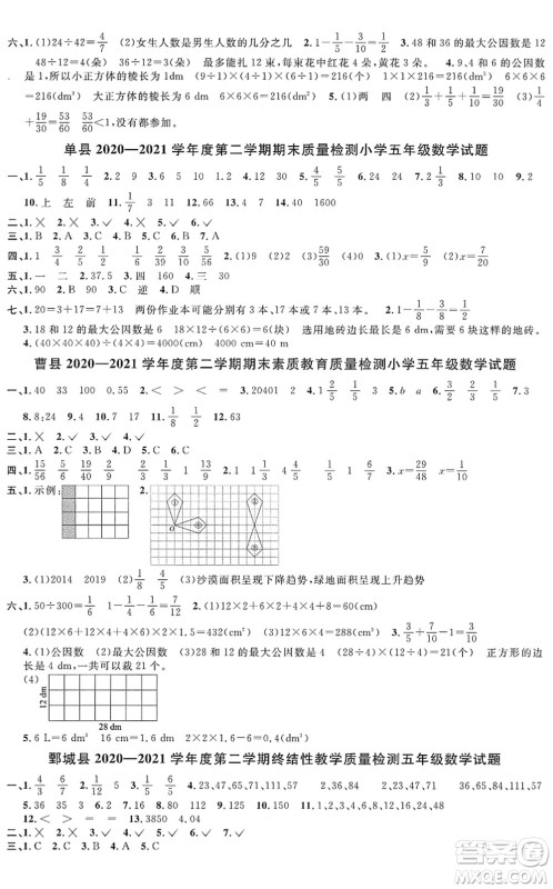 江西教育出版社2022阳光同学课时优化作业五年级数学下册RJ人教版菏泽专版答案