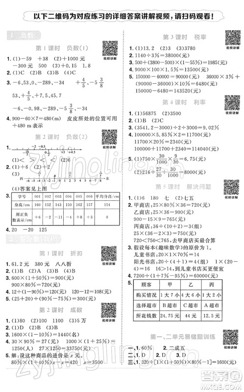 江西教育出版社2022阳光同学课时优化作业六年级数学下册RJ人教版答案