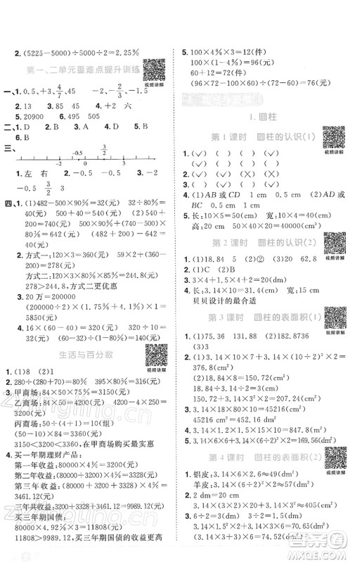 江西教育出版社2022阳光同学课时优化作业六年级数学下册RJ人教版答案