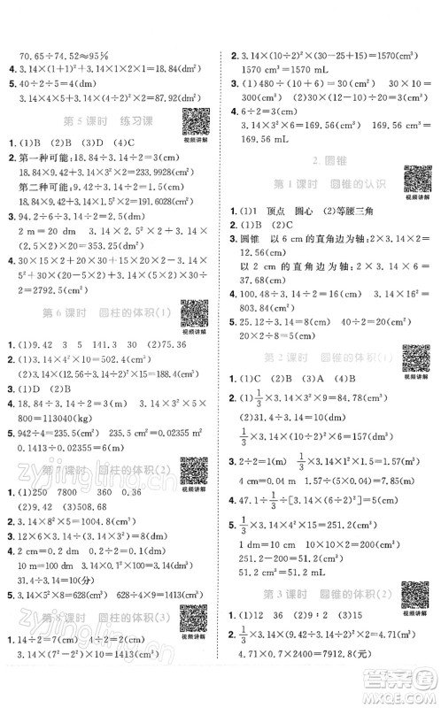 江西教育出版社2022阳光同学课时优化作业六年级数学下册RJ人教版答案