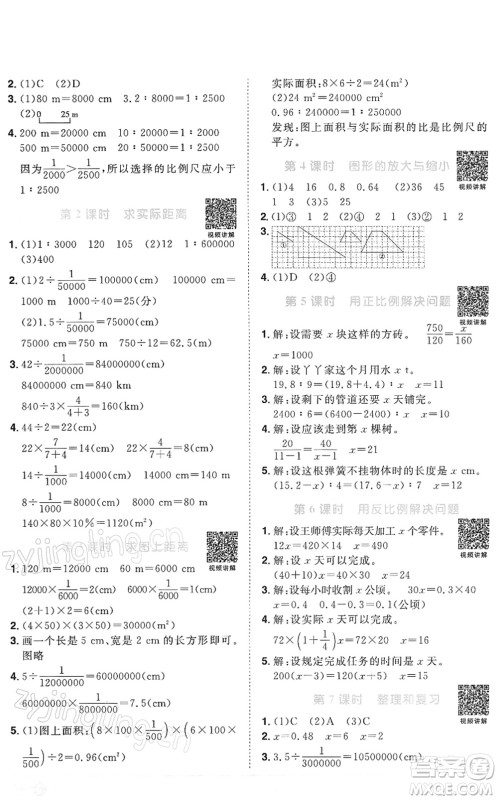 江西教育出版社2022阳光同学课时优化作业六年级数学下册RJ人教版答案