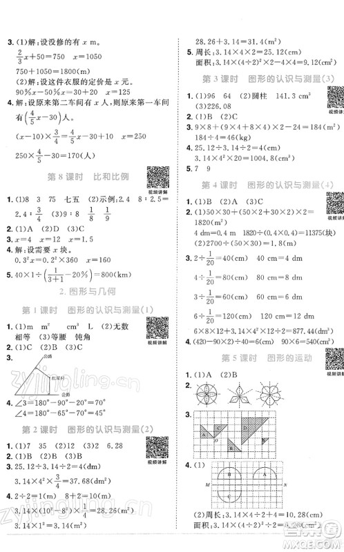 江西教育出版社2022阳光同学课时优化作业六年级数学下册RJ人教版答案