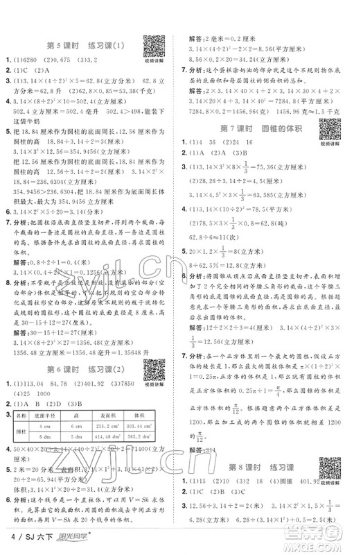江西教育出版社2022阳光同学课时优化作业六年级数学下册SJ苏教版答案