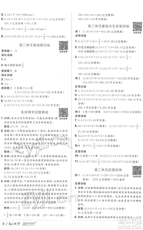 江西教育出版社2022阳光同学课时优化作业六年级数学下册SJ苏教版答案