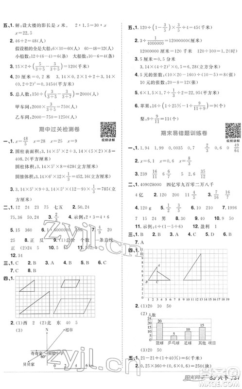 江西教育出版社2022阳光同学课时优化作业六年级数学下册SJ苏教版答案