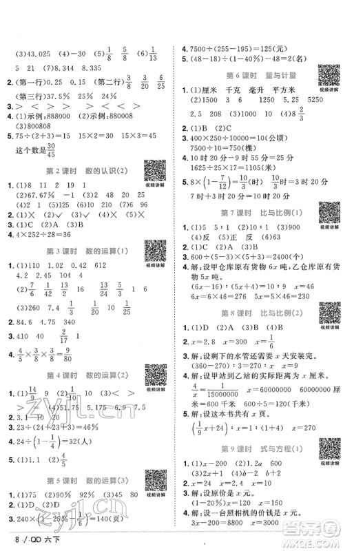 江西教育出版社2022阳光同学课时优化作业六年级数学下册QD青岛版答案