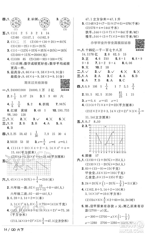 江西教育出版社2022阳光同学课时优化作业六年级数学下册QD青岛版答案