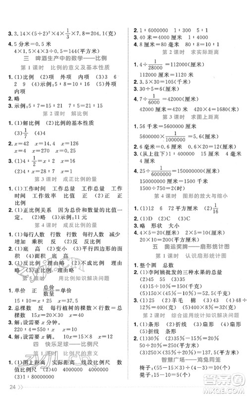 江西教育出版社2022阳光同学课时优化作业六年级数学下册QD青岛版答案