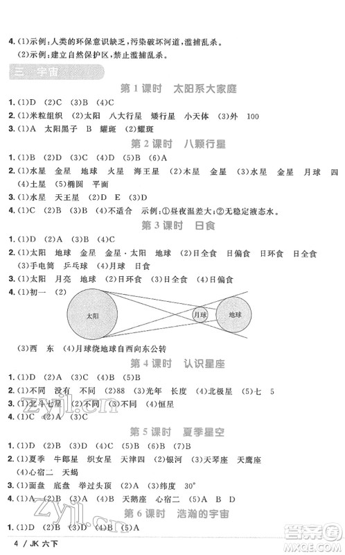 江西教育出版社2022阳光同学课时优化作业六年级科学下册JK教科版答案