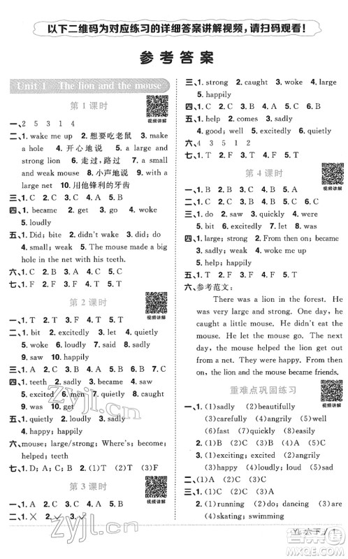 江西教育出版社2022阳光同学课时优化作业六年级英语下册YL译林版答案