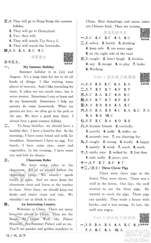 江西教育出版社2022阳光同学课时优化作业六年级英语下册YL译林版答案
