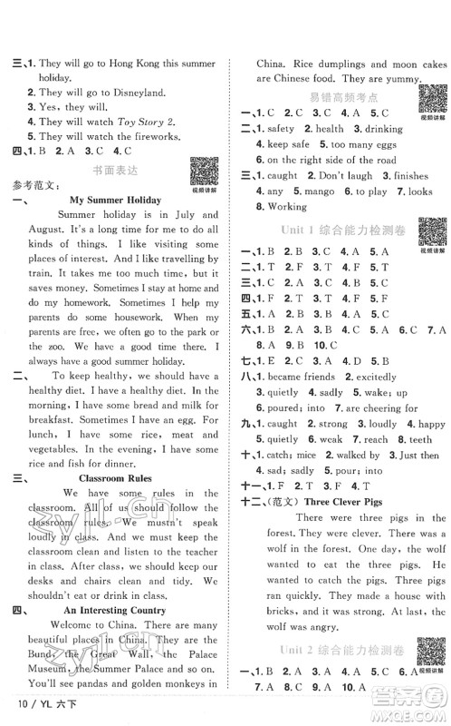 江西教育出版社2022阳光同学课时优化作业六年级英语下册YL译林版答案