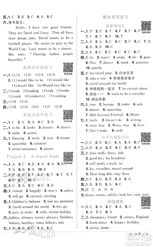 江西教育出版社2022阳光同学课时优化作业六年级英语下册YL译林版答案