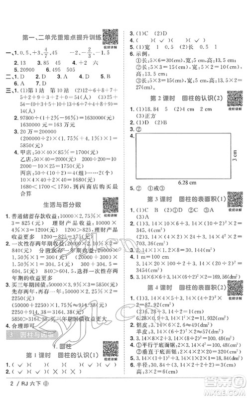 福建少年儿童出版社2022阳光同学课时优化作业六年级数学下册RJ人教版福建专版答案