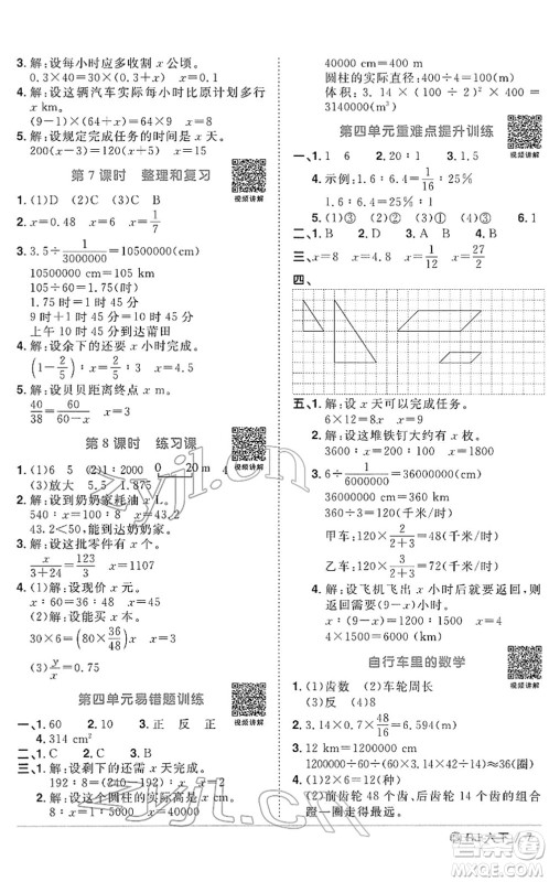 福建少年儿童出版社2022阳光同学课时优化作业六年级数学下册RJ人教版福建专版答案