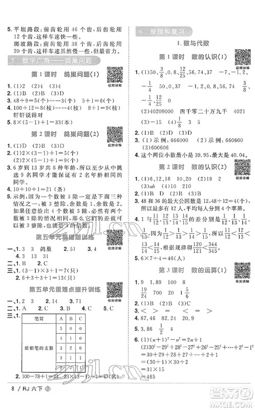 福建少年儿童出版社2022阳光同学课时优化作业六年级数学下册RJ人教版福建专版答案