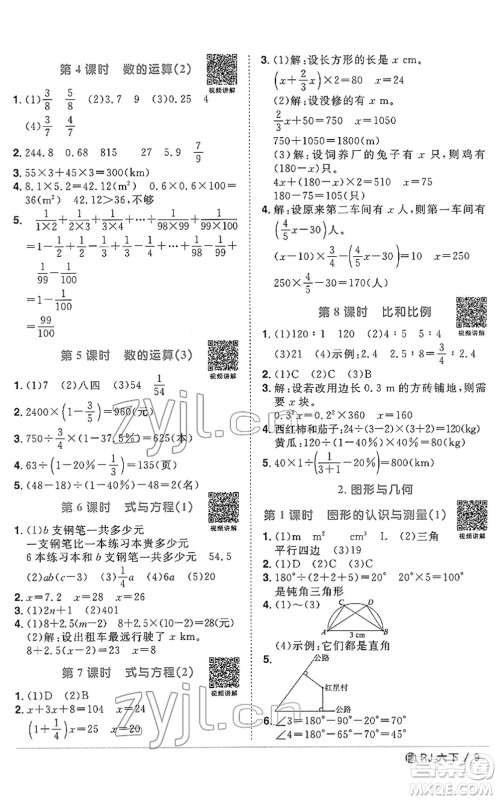 福建少年儿童出版社2022阳光同学课时优化作业六年级数学下册RJ人教版福建专版答案