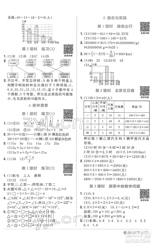 福建少年儿童出版社2022阳光同学课时优化作业六年级数学下册RJ人教版福建专版答案