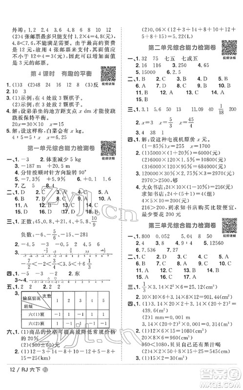 福建少年儿童出版社2022阳光同学课时优化作业六年级数学下册RJ人教版福建专版答案