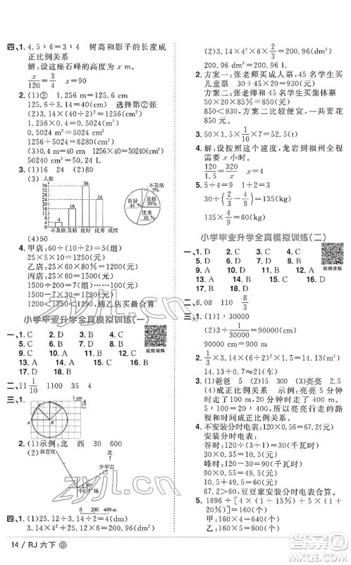 福建少年儿童出版社2022阳光同学课时优化作业六年级数学下册RJ人教版福建专版答案