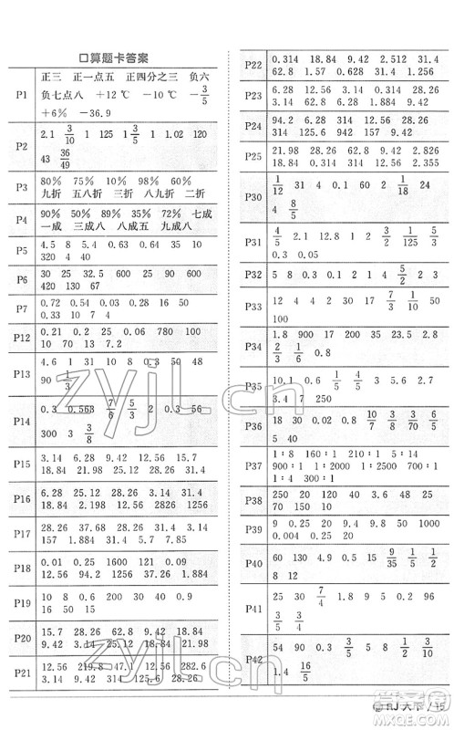 福建少年儿童出版社2022阳光同学课时优化作业六年级数学下册RJ人教版福建专版答案