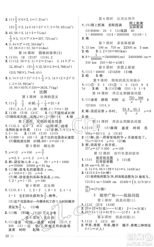 福建少年儿童出版社2022阳光同学课时优化作业六年级数学下册RJ人教版福建专版答案