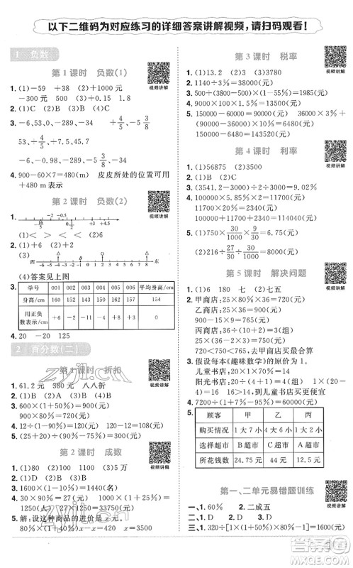 江西教育出版社2022阳光同学课时优化作业六年级数学下册RJ人教版菏泽专版答案