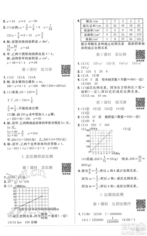 江西教育出版社2022阳光同学课时优化作业六年级数学下册RJ人教版菏泽专版答案