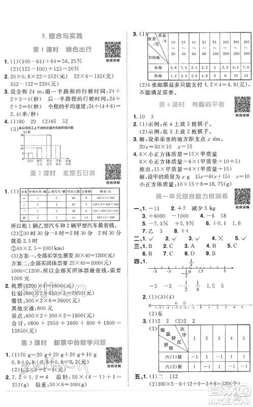 江西教育出版社2022阳光同学课时优化作业六年级数学下册RJ人教版菏泽专版答案