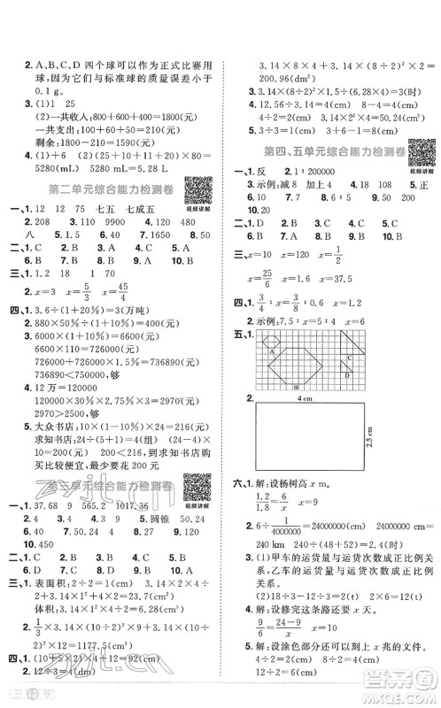 江西教育出版社2022阳光同学课时优化作业六年级数学下册RJ人教版菏泽专版答案