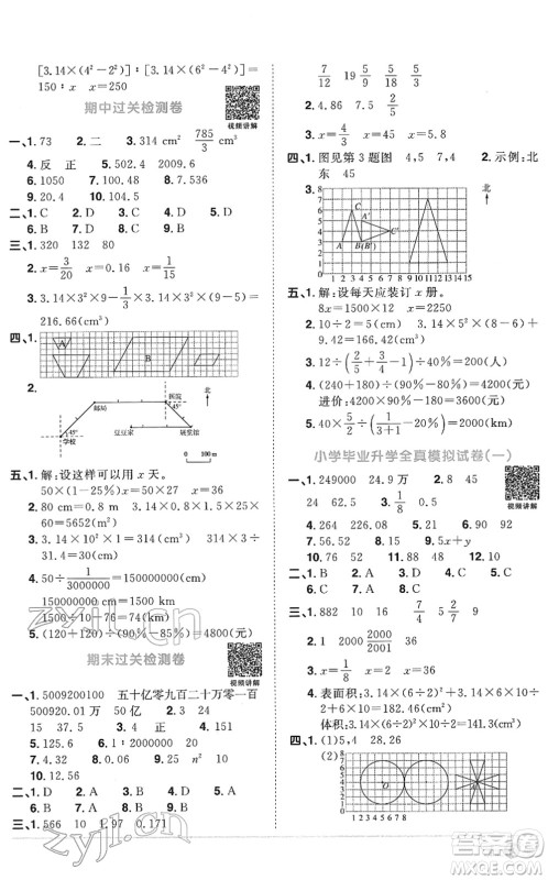 江西教育出版社2022阳光同学课时优化作业六年级数学下册RJ人教版菏泽专版答案