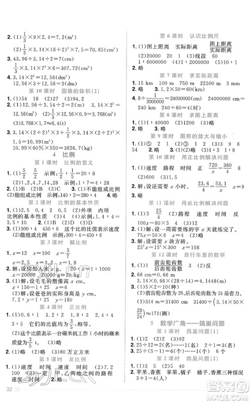 江西教育出版社2022阳光同学课时优化作业六年级数学下册RJ人教版菏泽专版答案