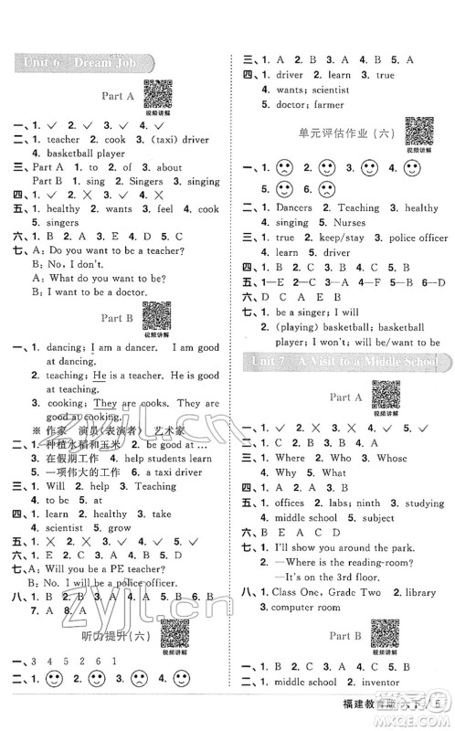 江西教育出版社2022阳光同学课时优化作业六年级英语下册福建教育版答案