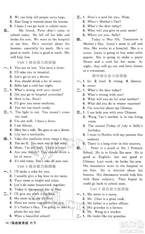江西教育出版社2022阳光同学课时优化作业六年级英语下册福建教育版答案