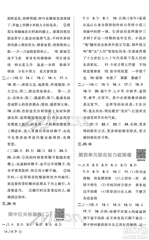 福建少年儿童出版社2022阳光同学课时优化作业六年级语文下册RJ人教版福建专版答案