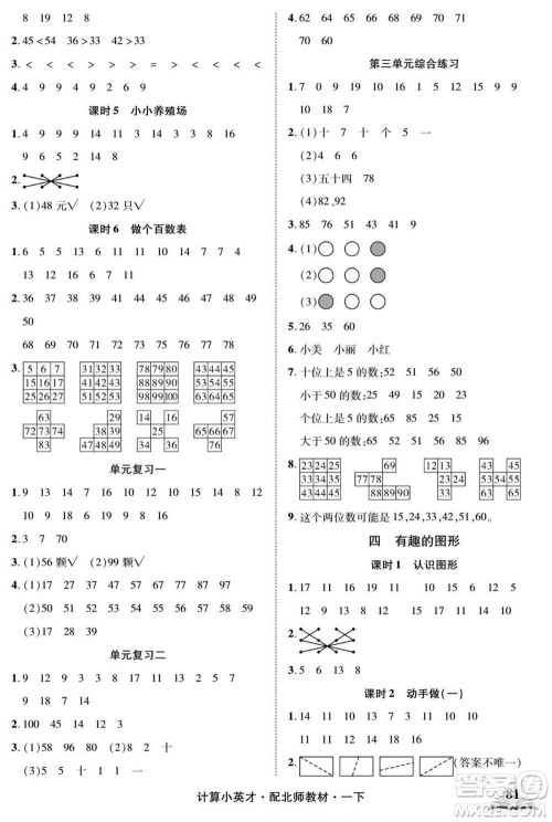 长江少年儿童出版社2022计算小英才数学一年级下册北师版答案