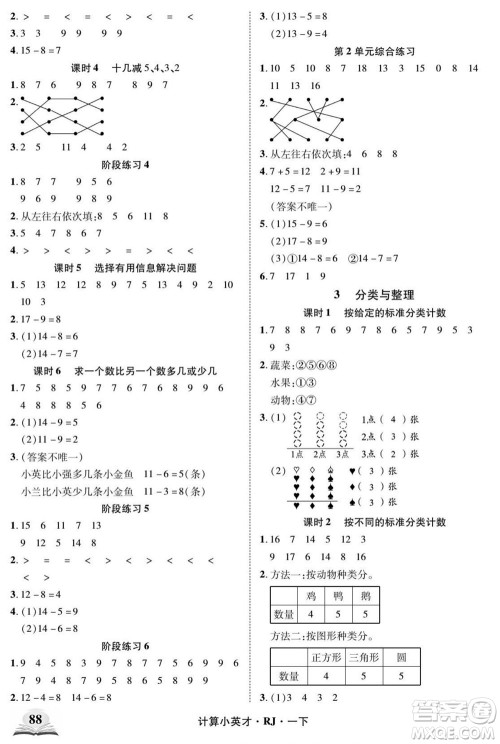 武汉出版社2022计算小英才数学一年级下册RJ人教版答案