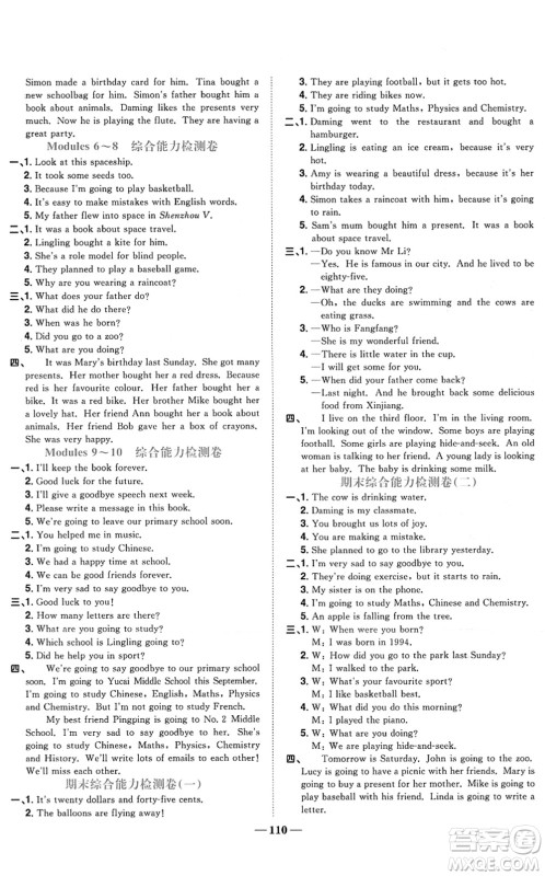 江西教育出版社2022阳光同学课时优化作业六年级英语下册外研版答案