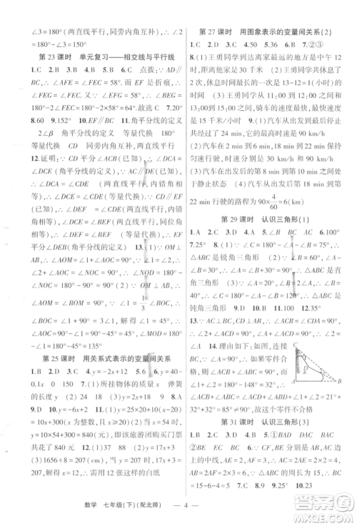 新疆青少年出版社2022原创新课堂七年级数学下册北师大版深圳专版参考答案