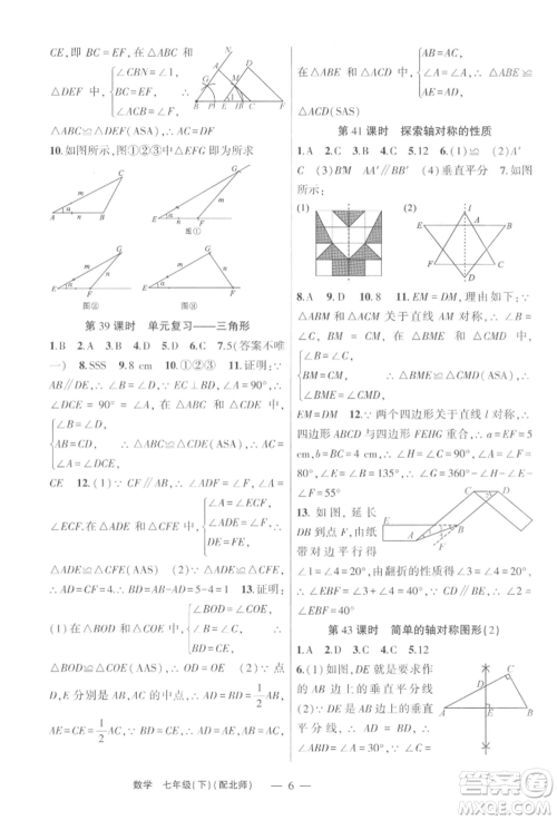 新疆青少年出版社2022原创新课堂七年级数学下册北师大版深圳专版参考答案