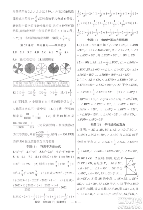 新疆青少年出版社2022原创新课堂七年级数学下册北师大版深圳专版参考答案