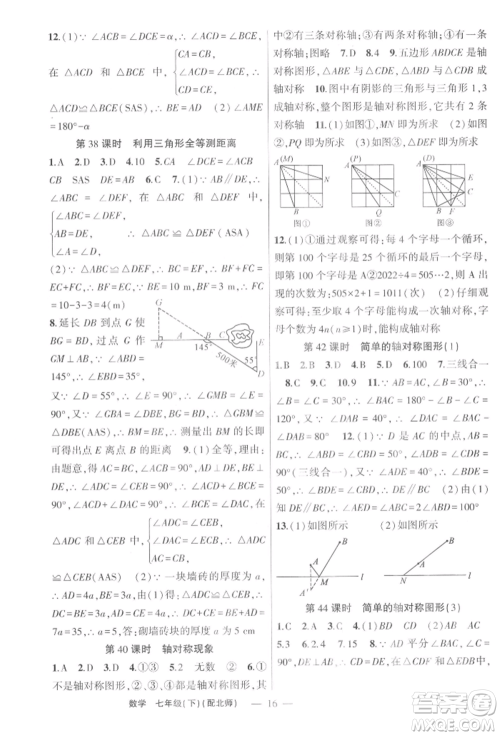 新疆青少年出版社2022原创新课堂七年级数学下册北师大版深圳专版参考答案