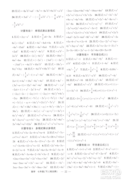 新疆青少年出版社2022原创新课堂七年级数学下册北师大版深圳专版参考答案