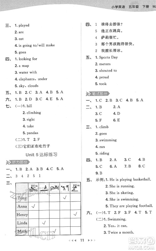 教育科学出版社2022春季53天天练五年级英语下册MJ闽教版答案