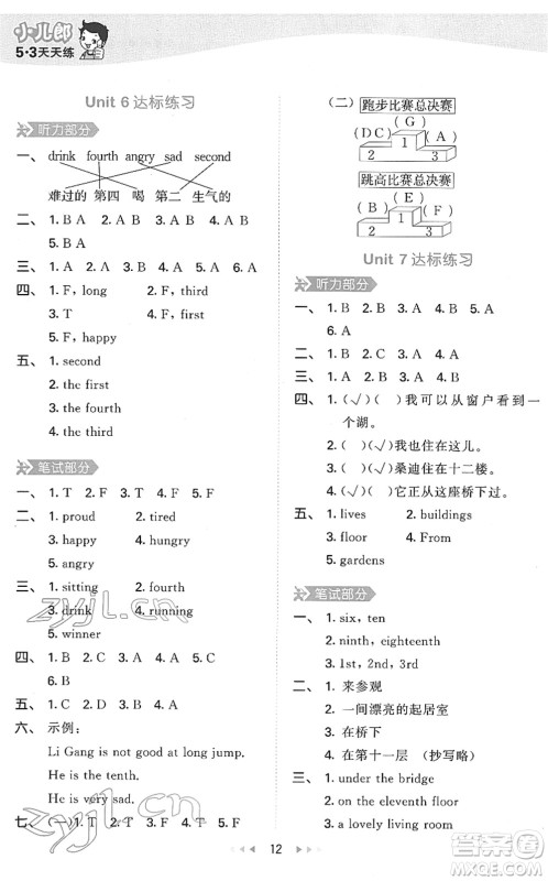 教育科学出版社2022春季53天天练五年级英语下册MJ闽教版答案