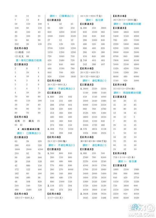 北方妇女儿童出版社2022黄冈口算天天练三年级下册数学RJ人教版答案