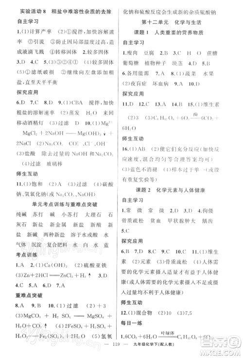 新疆青少年出版社2022原创新课堂九年级化学下册人教版参考答案 新疆青少年出版社2022原创新课堂九年级化学下册人教版参考答案