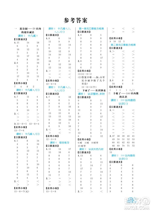 北方妇女儿童出版社2022黄冈口算天天练一年级下册数学QD青岛版答案