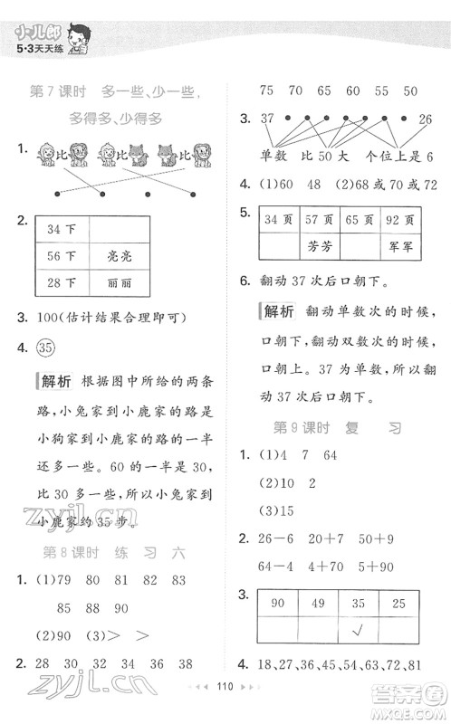 教育科学出版社2022春季53天天练一年级数学下册SJ苏教版答案