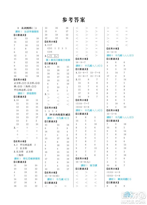 北方妇女儿童出版社2022黄冈口算天天练一年级下册数学RJ人教版答案